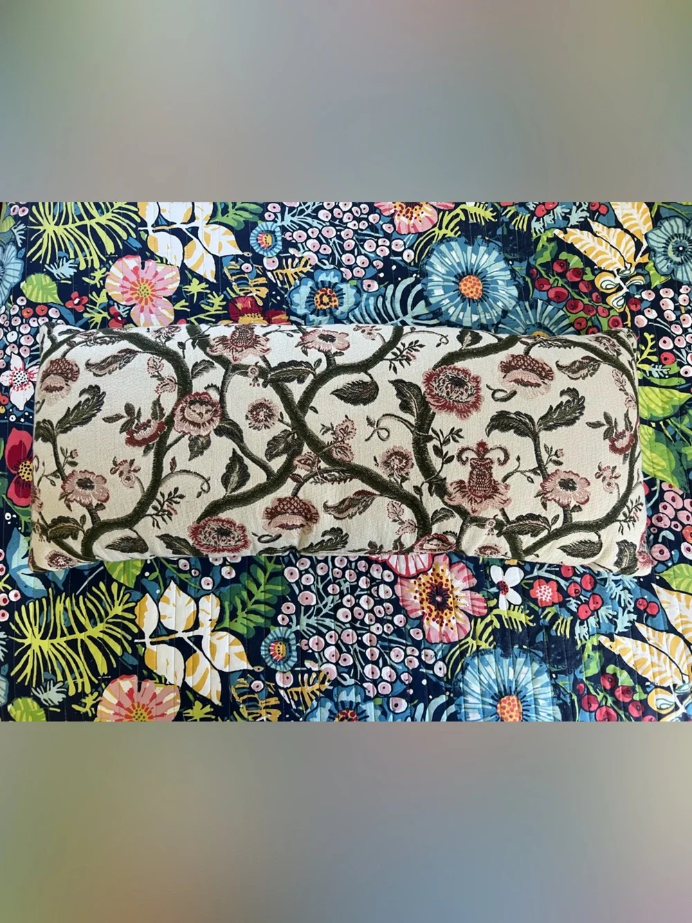 Embroidered Lumbar Pillow - Cream, Rose and Olive Floral Tapestry